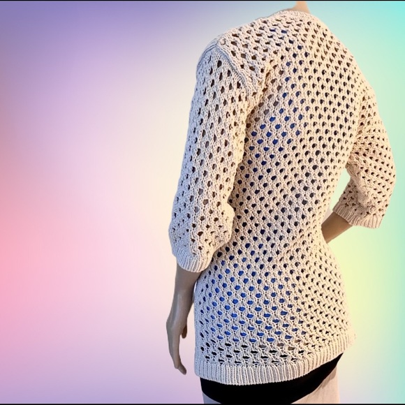 Beige Crochet V-Neck Sweater 3/4 Sleeves Beachwear Resort Layer Coastal Grandma - Picture 4 of 11